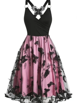 Discount Retro Stage 1950s 3D Butterfly Embroidered Patchwork Dress