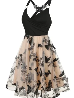Discount Retro Stage 1950s 3D Butterfly Embroidered Patchwork Dress