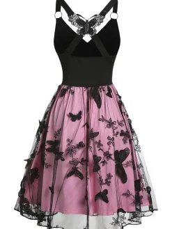 Discount Retro Stage 1950s 3D Butterfly Embroidered Patchwork Dress