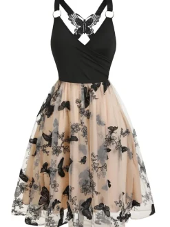 Discount Retro Stage 1950s 3D Butterfly Embroidered Patchwork Dress