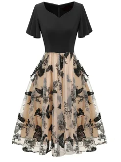 Outlet Retro Stage 1950s 3D Butterflys Mesh Patchwork Dress Black
