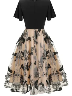 Outlet Retro Stage 1950s 3D Butterflys Mesh Patchwork Dress Black