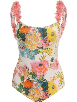 Hot Retro Stage 1930s 3D Floral Strap Backless One-Piece Swimsuit