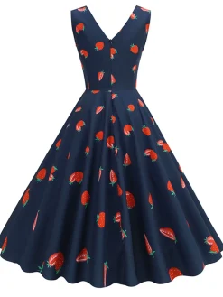 New Retro Stage 1950s Daisy & Strawberry Print Sleeveless Dress