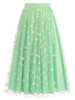 Clearance Retro Stage 1940s Daisy Mesh High Waist A-Line Skirt