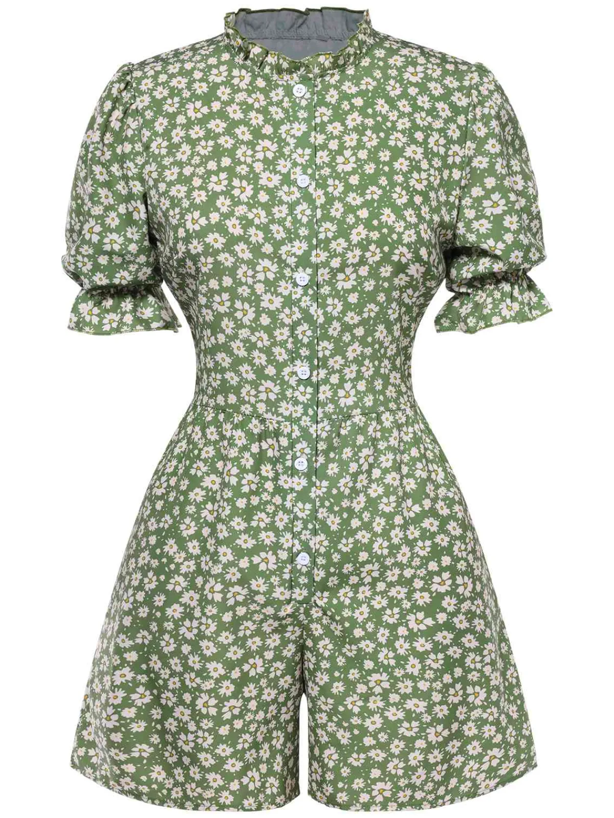 Sale Retro Stage 1940s Daisy Pleats Collar Puff Sleeves Romper
