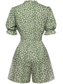 Sale Retro Stage 1940s Daisy Pleats Collar Puff Sleeves Romper