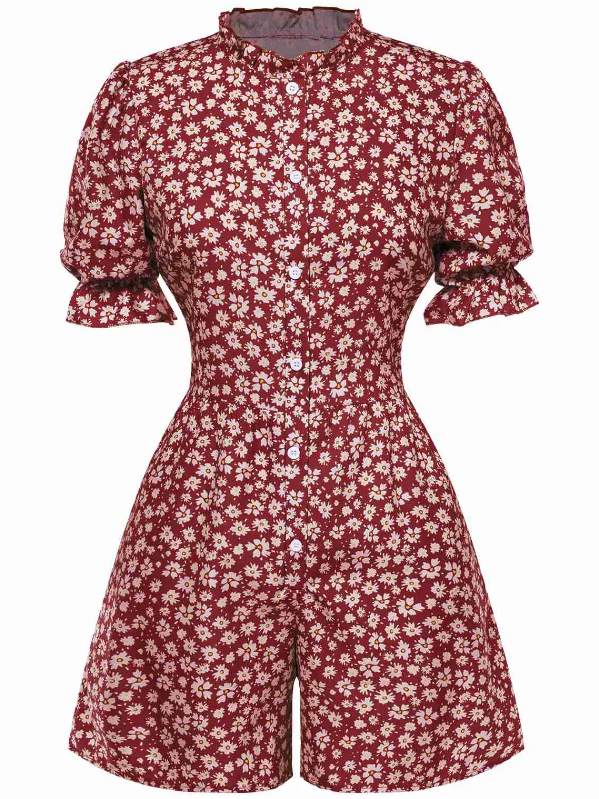 Sale Retro Stage 1940s Daisy Pleats Collar Puff Sleeves Romper