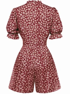 Sale Retro Stage 1940s Daisy Pleats Collar Puff Sleeves Romper