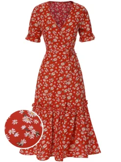 Fashion Retro Stage 1930s Daisy Surplice V-Neck Belted Dress