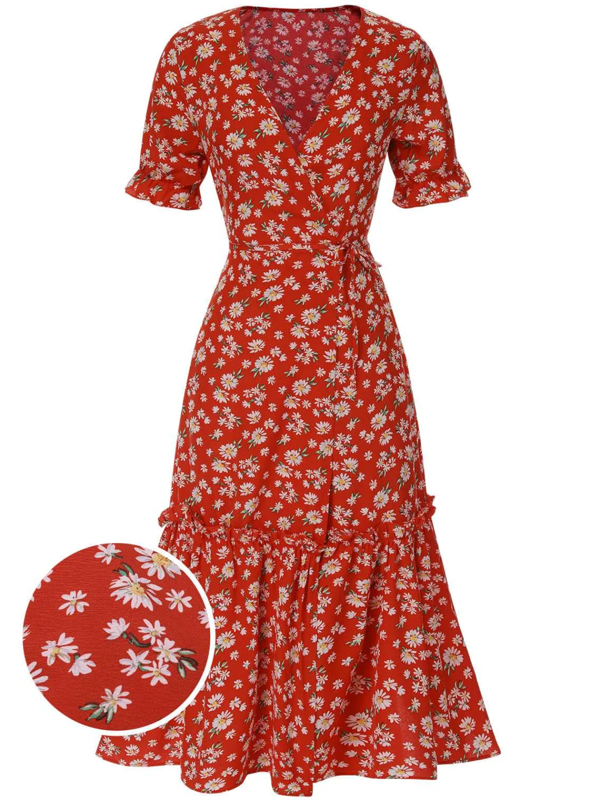 Fashion Retro Stage 1930s Daisy Surplice V-Neck Belted Dress