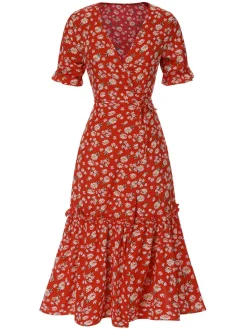 Fashion Retro Stage 1930s Daisy Surplice V-Neck Belted Dress