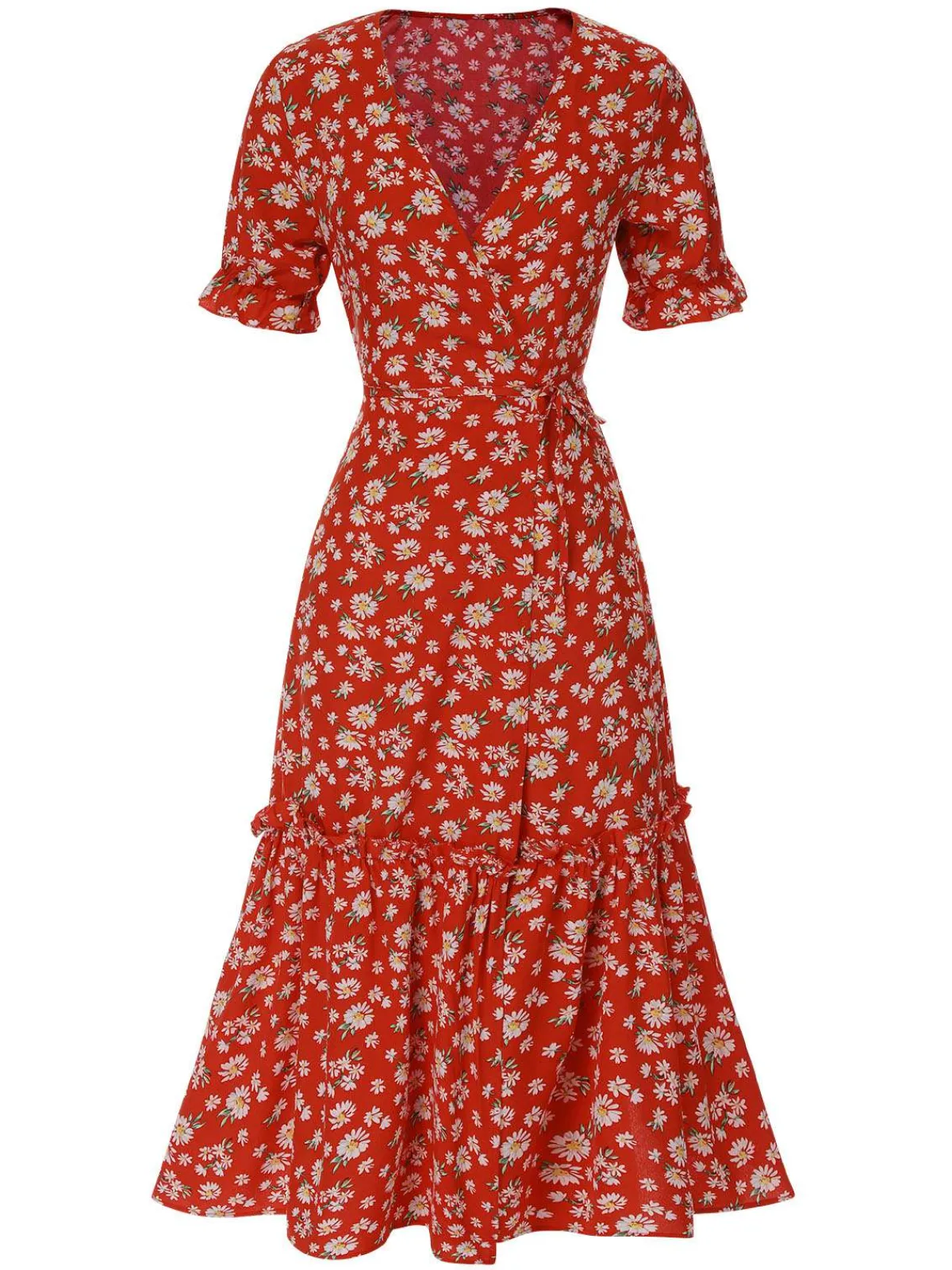 Fashion Retro Stage 1930s Daisy Surplice V-Neck Belted Dress