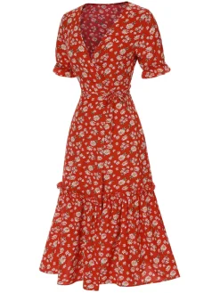 Fashion Retro Stage 1930s Daisy Surplice V-Neck Belted Dress