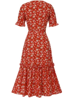 Fashion Retro Stage 1930s Daisy Surplice V-Neck Belted Dress