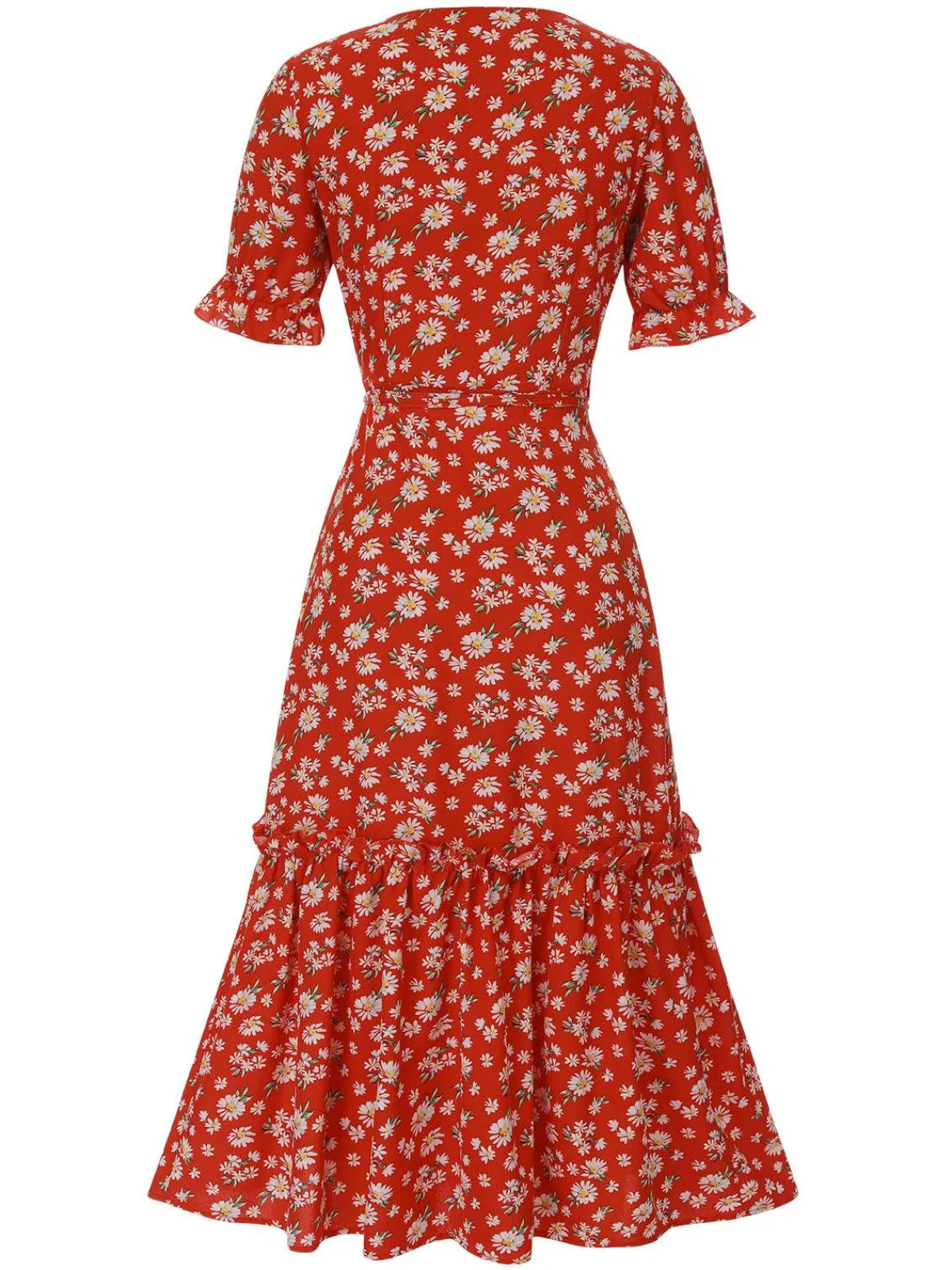 Fashion Retro Stage 1930s Daisy Surplice V-Neck Belted Dress