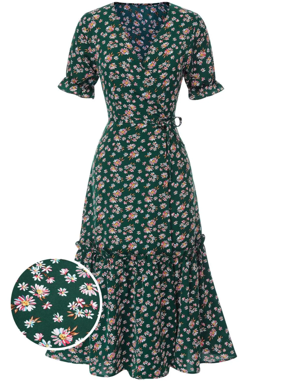 Fashion Retro Stage 1930s Daisy Surplice V-Neck Belted Dress