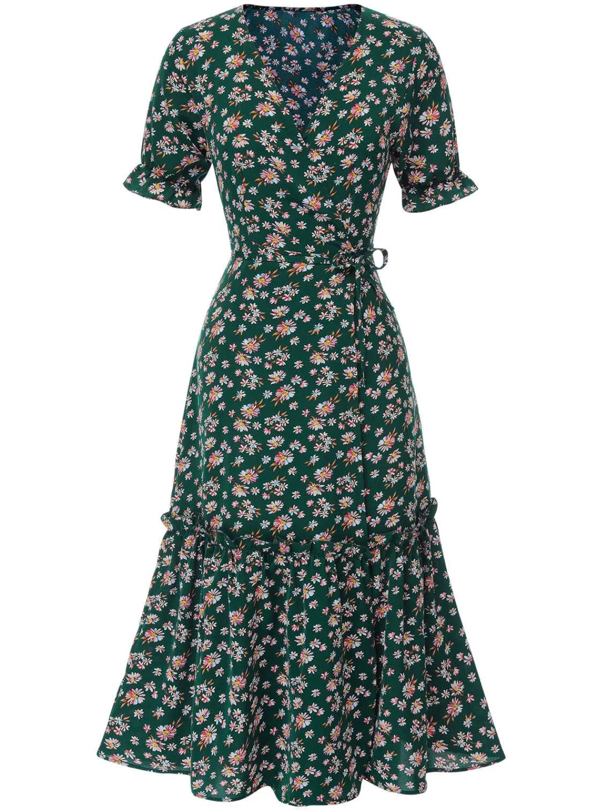 Fashion Retro Stage 1930s Daisy Surplice V-Neck Belted Dress