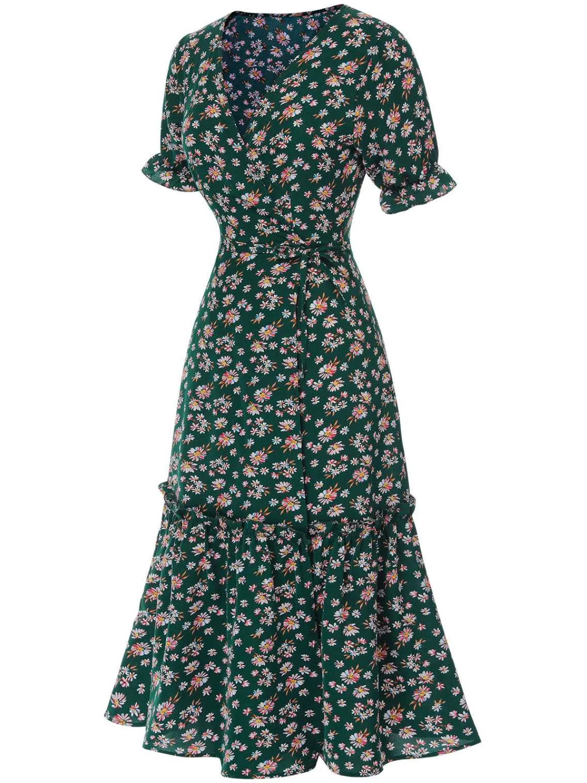 Fashion Retro Stage 1930s Daisy Surplice V-Neck Belted Dress