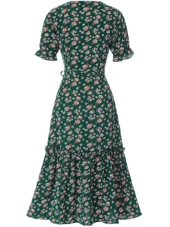 Fashion Retro Stage 1930s Daisy Surplice V-Neck Belted Dress