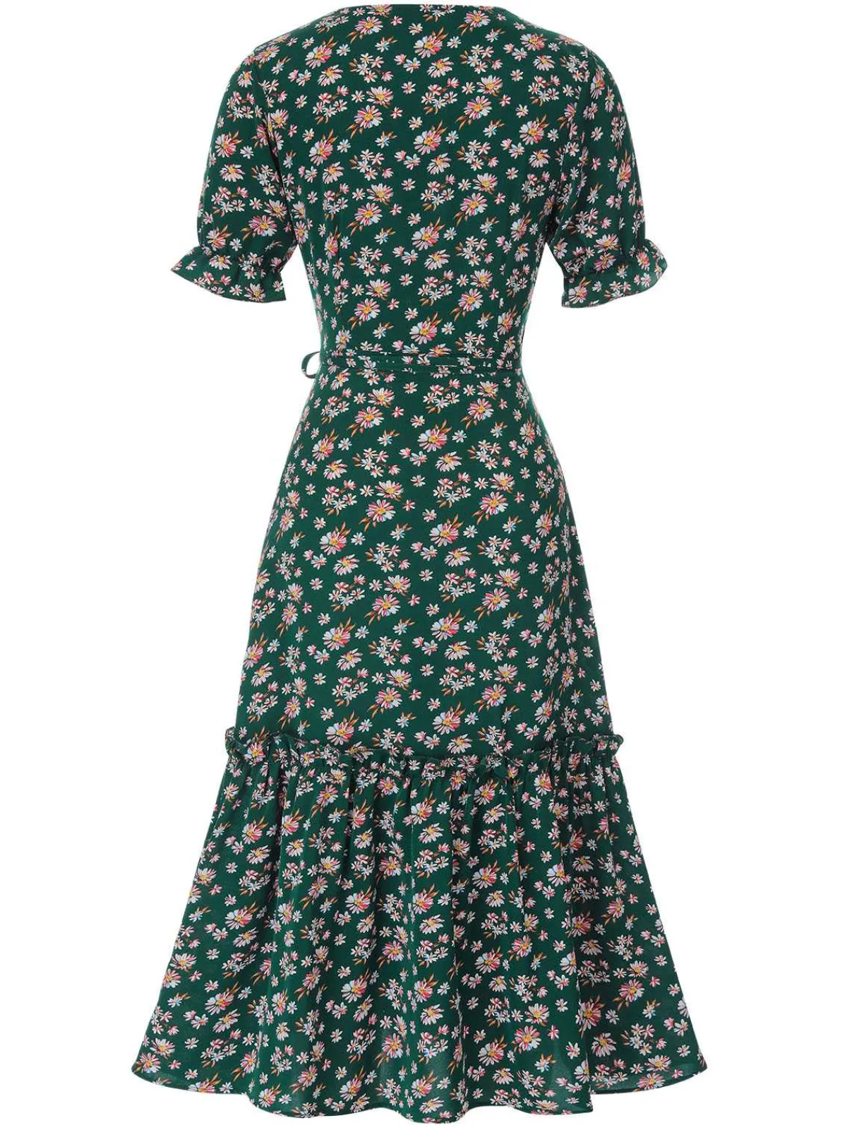 Fashion Retro Stage 1930s Daisy Surplice V-Neck Belted Dress