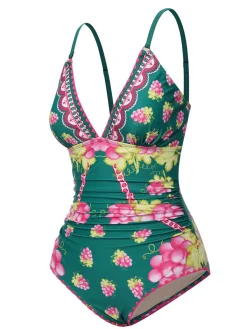 Discount Retro Stage 1950s Deep V Grape One-Piece Swimsuit Multicolor