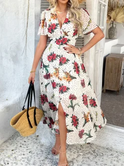 Outlet Retro Stage 1940s Deep V-Neck Chiffon Polka Dots Floral Dress