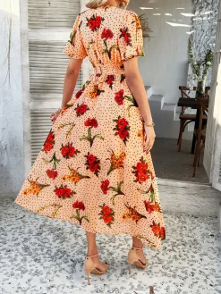 Outlet Retro Stage 1940s Deep V-Neck Chiffon Polka Dots Floral Dress