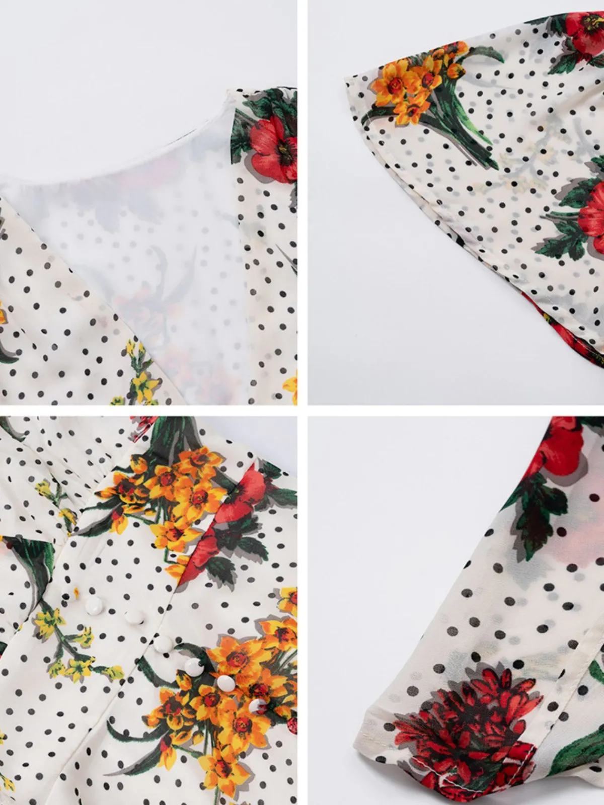 Outlet Retro Stage 1940s Deep V-Neck Chiffon Polka Dots Floral Dress