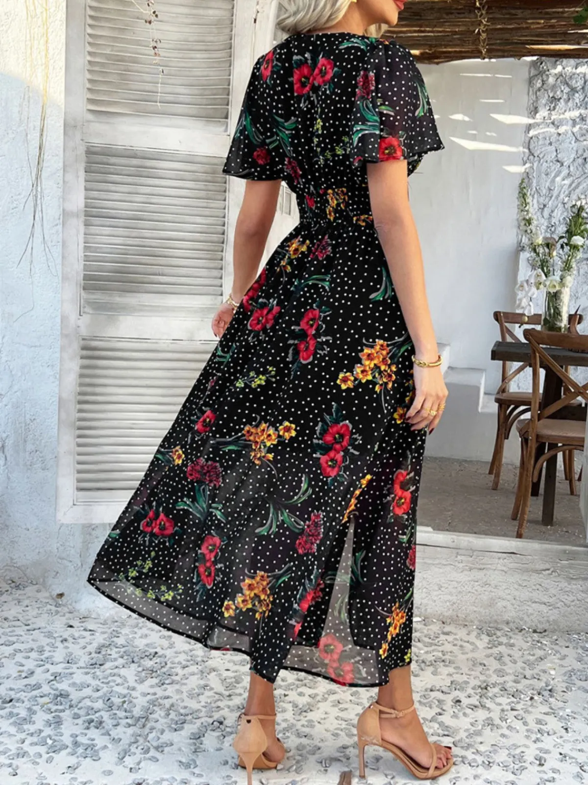 Outlet Retro Stage 1940s Deep V-Neck Chiffon Polka Dots Floral Dress