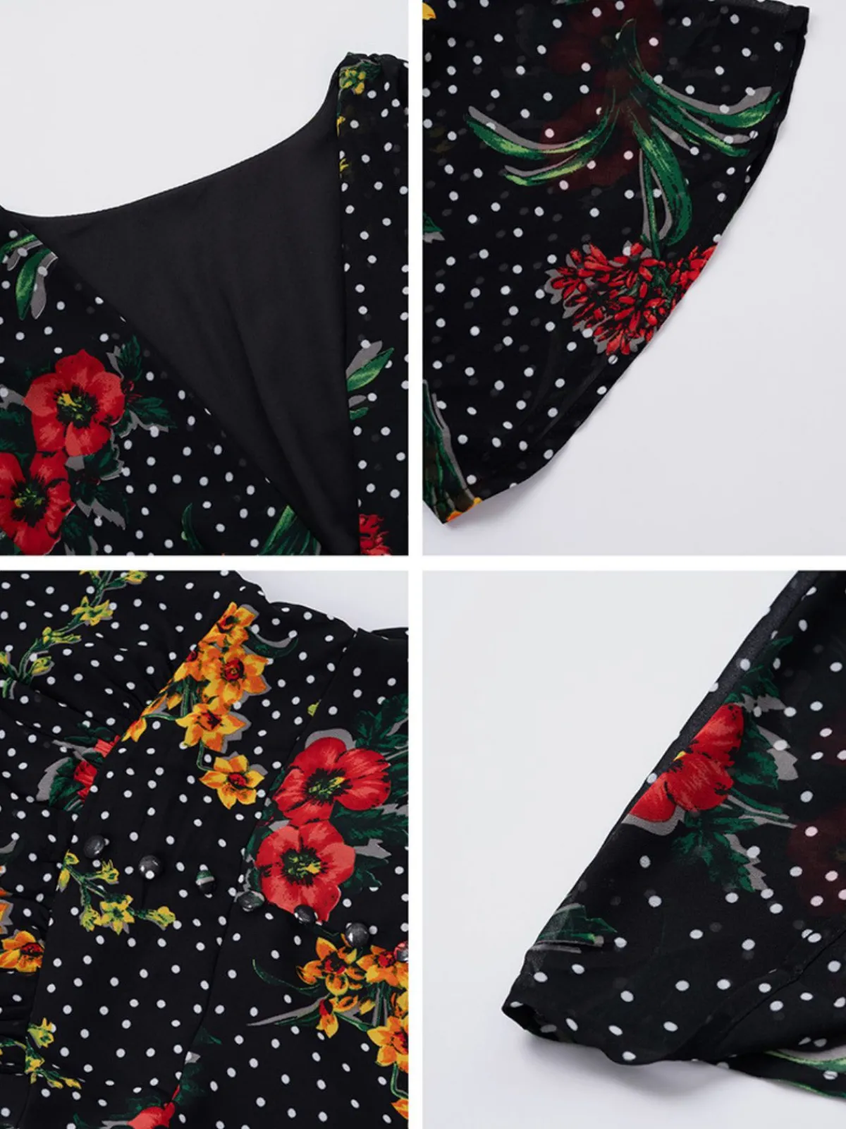 Outlet Retro Stage 1940s Deep V-Neck Chiffon Polka Dots Floral Dress