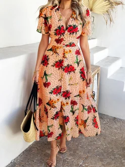 Outlet Retro Stage 1940s Deep V-Neck Chiffon Polka Dots Floral Dress