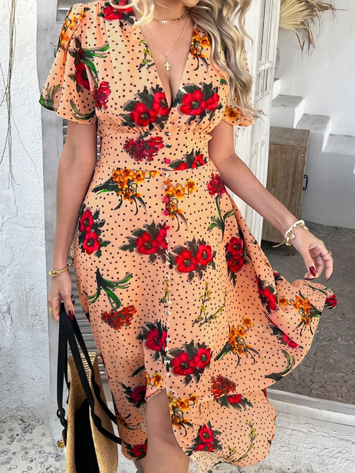 Outlet Retro Stage 1940s Deep V-Neck Chiffon Polka Dots Floral Dress