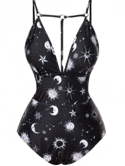 Sale Retro Stage 1980s Deep V-Neck Gothic Star Moon One-Piece Swimsuit Black