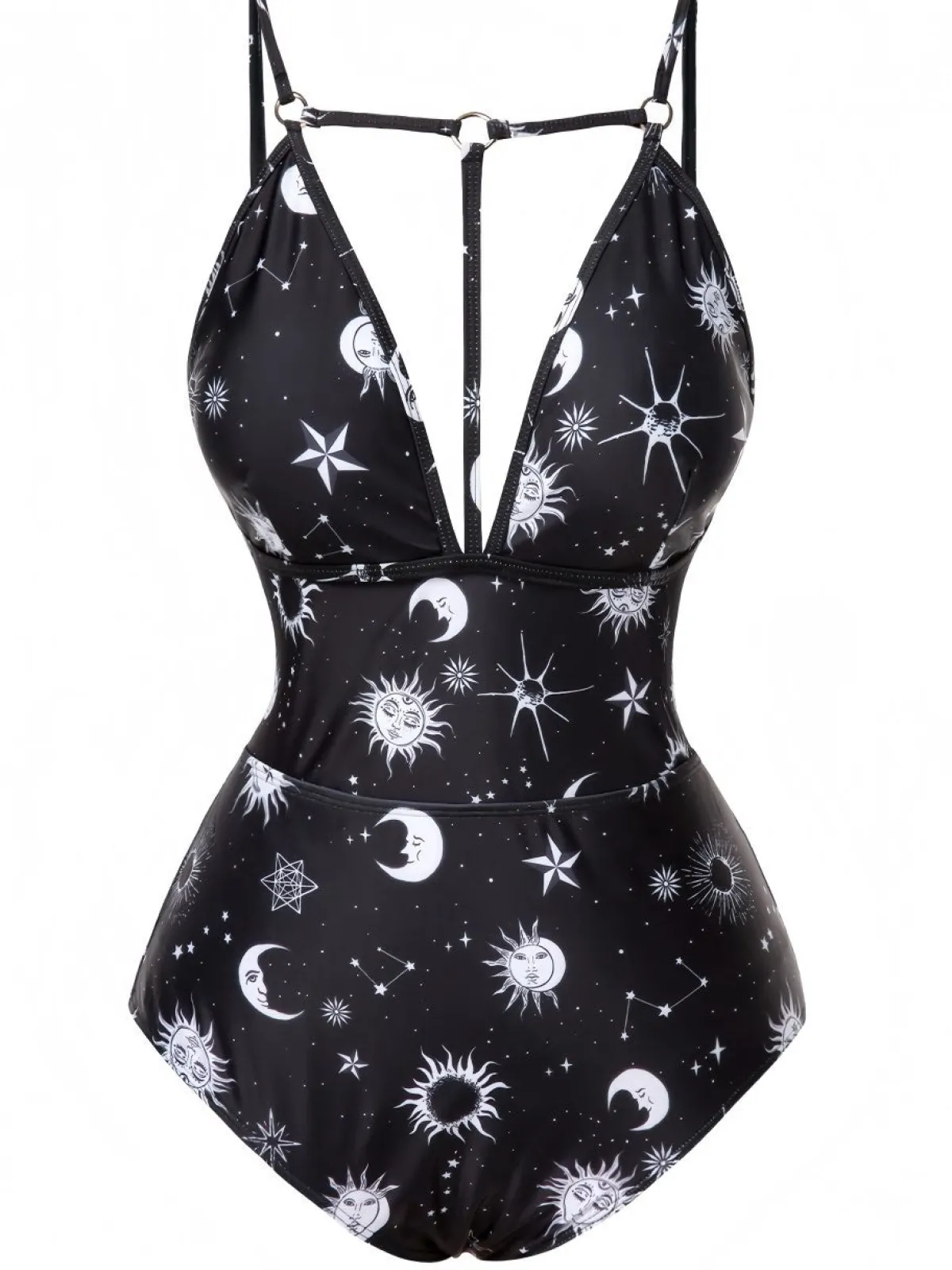 Sale Retro Stage 1980s Deep V-Neck Gothic Star Moon One-Piece Swimsuit Black