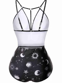 Sale Retro Stage 1980s Deep V-Neck Gothic Star Moon One-Piece Swimsuit Black