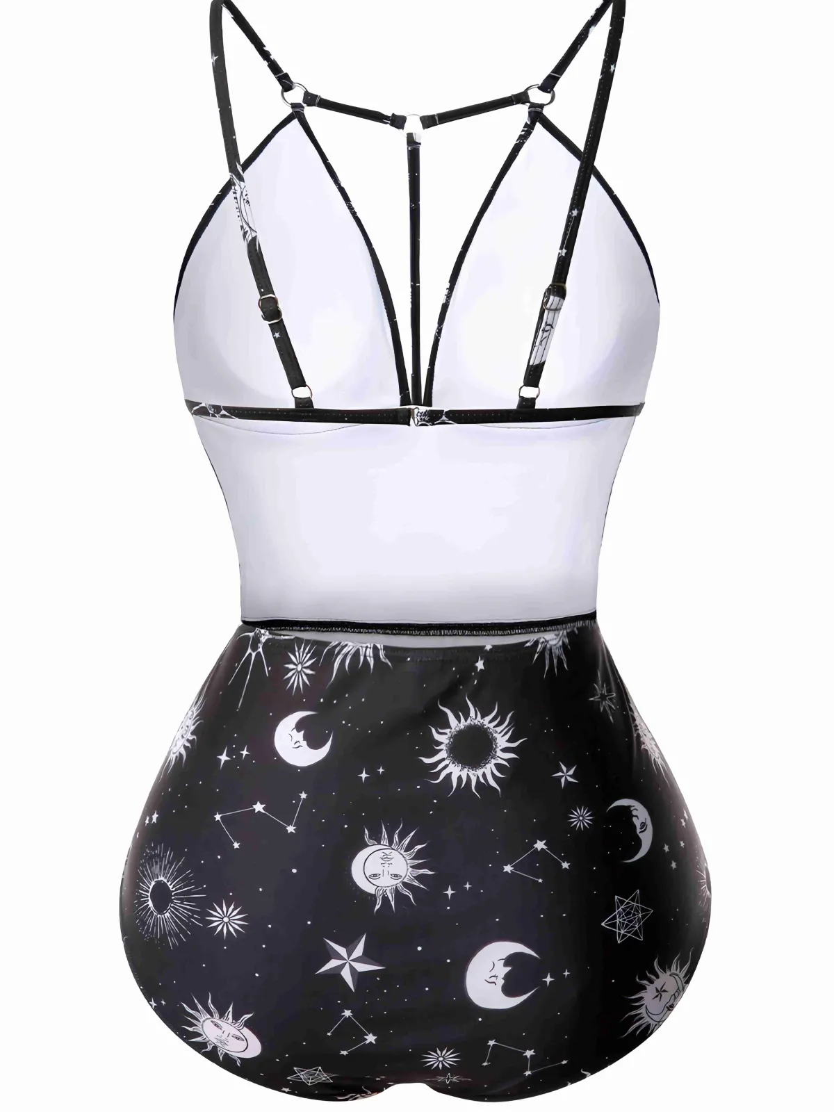 Sale Retro Stage 1980s Deep V-Neck Gothic Star Moon One-Piece Swimsuit Black