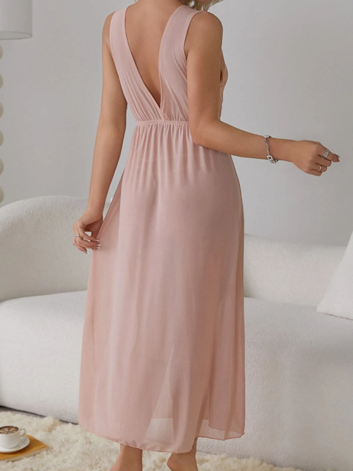 Best Retro Stage 1930s Deep V-Neck Lace Mesh Nightgown
