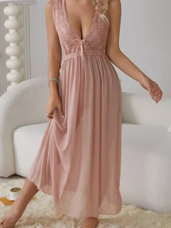 Outlet Retro Stage 1930s Deep V-Neck Lace Mesh Nightgown