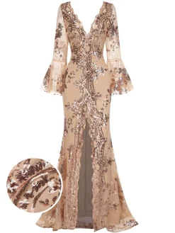 Hot Retro Stage 1930s Deep V-Neck Mesh Sequined Maxi Dress
