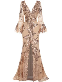 Hot Retro Stage 1930s Deep V-Neck Mesh Sequined Maxi Dress