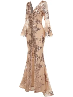 Hot Retro Stage 1930s Deep V-Neck Mesh Sequined Maxi Dress