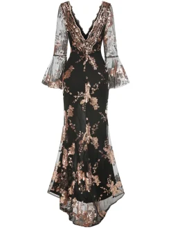 Hot Retro Stage 1930s Deep V-Neck Mesh Sequined Maxi Dress