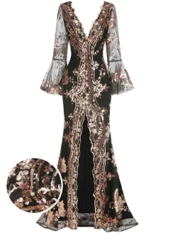 Clearance Retro Stage 1930s Deep V-Neck Mesh Sequined Maxi Dress