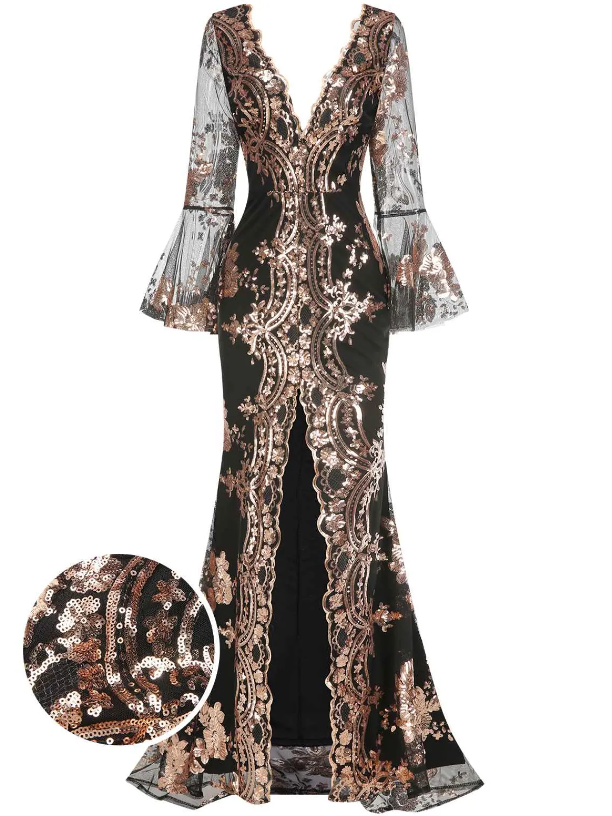 Clearance Retro Stage 1930s Deep V-Neck Mesh Sequined Maxi Dress