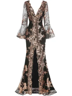 Clearance Retro Stage 1930s Deep V-Neck Mesh Sequined Maxi Dress