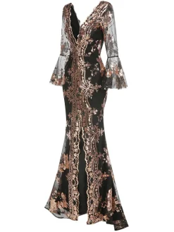 Clearance Retro Stage 1930s Deep V-Neck Mesh Sequined Maxi Dress
