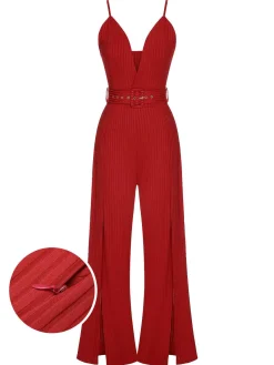 Fashion Retro Stage 1930s Deep V-Neck Spaghetti Strap Wide-Leg Jumpsuit