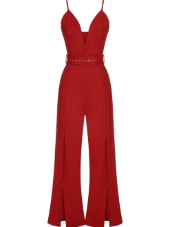 Fashion Retro Stage 1930s Deep V-Neck Spaghetti Strap Wide-Leg Jumpsuit