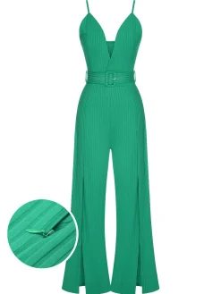 Fashion Retro Stage 1930s Deep V-Neck Spaghetti Strap Wide-Leg Jumpsuit